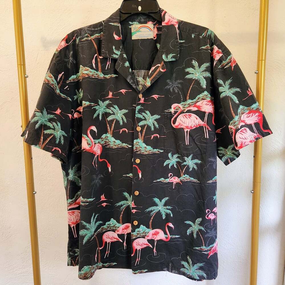 Paradise Found Fine Flamingos Midnight Hawaiian Shirt Black